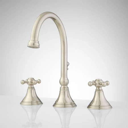 Signature Hardware Melanie 1.2 GPM Widespread Bathroom Faucet with Small Metal Cross Handles and Pop-up Drain Assembly 1 Signature Hardware Melanie 1.2 GPM Widespread Bathroom Faucet with Small Metal Cross Handles and Pop-up Drain Assembly