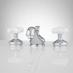 Signature Hardware Teapot 1.2 GPM Widespread Bathroom Faucet with Porcelain Cross Handles and Pop-up Drain Assembly