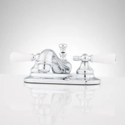 Signature Hardware Teapot Centerset Bathroom Faucet with Small Porcelain Lever Handles and Pop-Up Drain Assembly