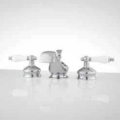 Signature Hardware Shannon Widespread Bathroom Faucet with Porcelain Lever Handles and Pop-Up Drain Assembly