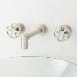 Signature Hardware Edison Wall Mounted Bathroom Faucet with Wheel Handles and Pop-Up Drain Assembly