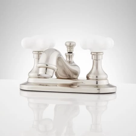 Signature Hardware Teapot Centerset Bathroom Faucet with Porcelain Cross Handles and Pop-Up Drain Assembly 1 Signature Hardware Teapot Centerset Bathroom Faucet with Porcelain Cross Handles and Pop-Up Drain Assembly