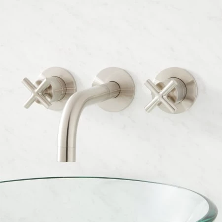Signature Hardware Exira Wall Mounted Bathroom Faucet With Cross Handles - Less Drain 1 Signature Hardware Exira Wall Mounted Bathroom Faucet With Cross Handles - Less Drain