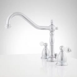 Signature Hardware Victorian 1.2 GPM Widespread Bathroom Faucet with Large Porcelain Cross Handles and Pop-Up Drain Assembly 8 Signature Hardware Victorian 1.2 GPM Widespread Bathroom Faucet with Large Porcelain Cross Handles and Pop-Up Drain Assembly -Central Brass store signature hardware 900907 side view 87
