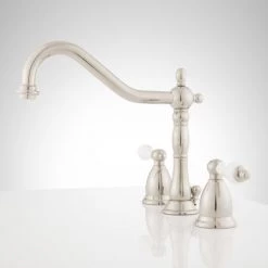 Signature Hardware Victorian 1.2 GPM Widespread Bathroom Faucet with Large Porcelain Cross Handles and Pop-Up Drain Assembly 11 Signature Hardware Victorian 1.2 GPM Widespread Bathroom Faucet with Large Porcelain Cross Handles and Pop-Up Drain Assembly -Central Brass store signature hardware 900907 side view 90