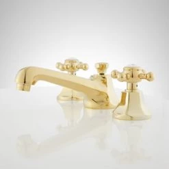 Signature Hardware New York 1.2 GPM Widespread Bathroom Faucet with Small Metal Cross Handles and Pop-up Drain Assembly -Central Brass store signature hardware 903738 polished brass side 126