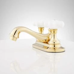 Signature Hardware Teapot Centerset Bathroom Faucet with Porcelain Cross Handles and Pop-Up Drain Assembly 8 Signature Hardware Teapot Centerset Bathroom Faucet with Porcelain Cross Handles and Pop-Up Drain Assembly -Central Brass store signature hardware 904213 side view 24