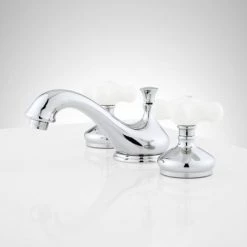 Signature Hardware Teapot 1.2 GPM Widespread Bathroom Faucet with Porcelain Cross Handles and Pop-up Drain Assembly -Central Brass store signature hardware 904218 side view 30