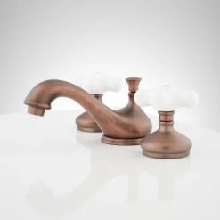 Signature Hardware Teapot 1.2 GPM Widespread Bathroom Faucet with Porcelain Cross Handles and Pop-up Drain Assembly -Central Brass store signature hardware 904218 side view 31