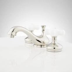Signature Hardware Teapot 1.2 GPM Widespread Bathroom Faucet with Porcelain Cross Handles and Pop-up Drain Assembly -Central Brass store signature hardware 904218 side view 34