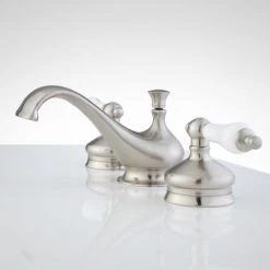 Signature Hardware Shannon Widespread Bathroom Faucet with Porcelain Lever Handles and Pop-Up Drain Assembly -Central Brass store signature hardware 918816 side view 75