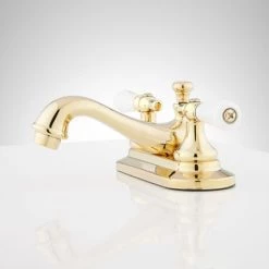 Signature Hardware Teapot Centerset Bathroom Faucet with Small Porcelain Lever Handles and Pop-Up Drain Assembly -Central Brass store signature hardware 918942 side view 113