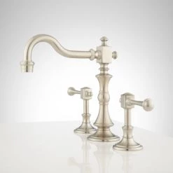 Signature Hardware Vintage Widespread Bathroom Faucet with Lever Handles and Pop-Up Drain Assembly -Central Brass store signature hardware 924484 satin nickel side 177