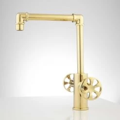 Signature Hardware Edison Single Hole Bathroom Faucet with Dual Wheel Handles and Pop-Up Drain Assembly -Central Brass store signature hardware 929281 polished brass side 53